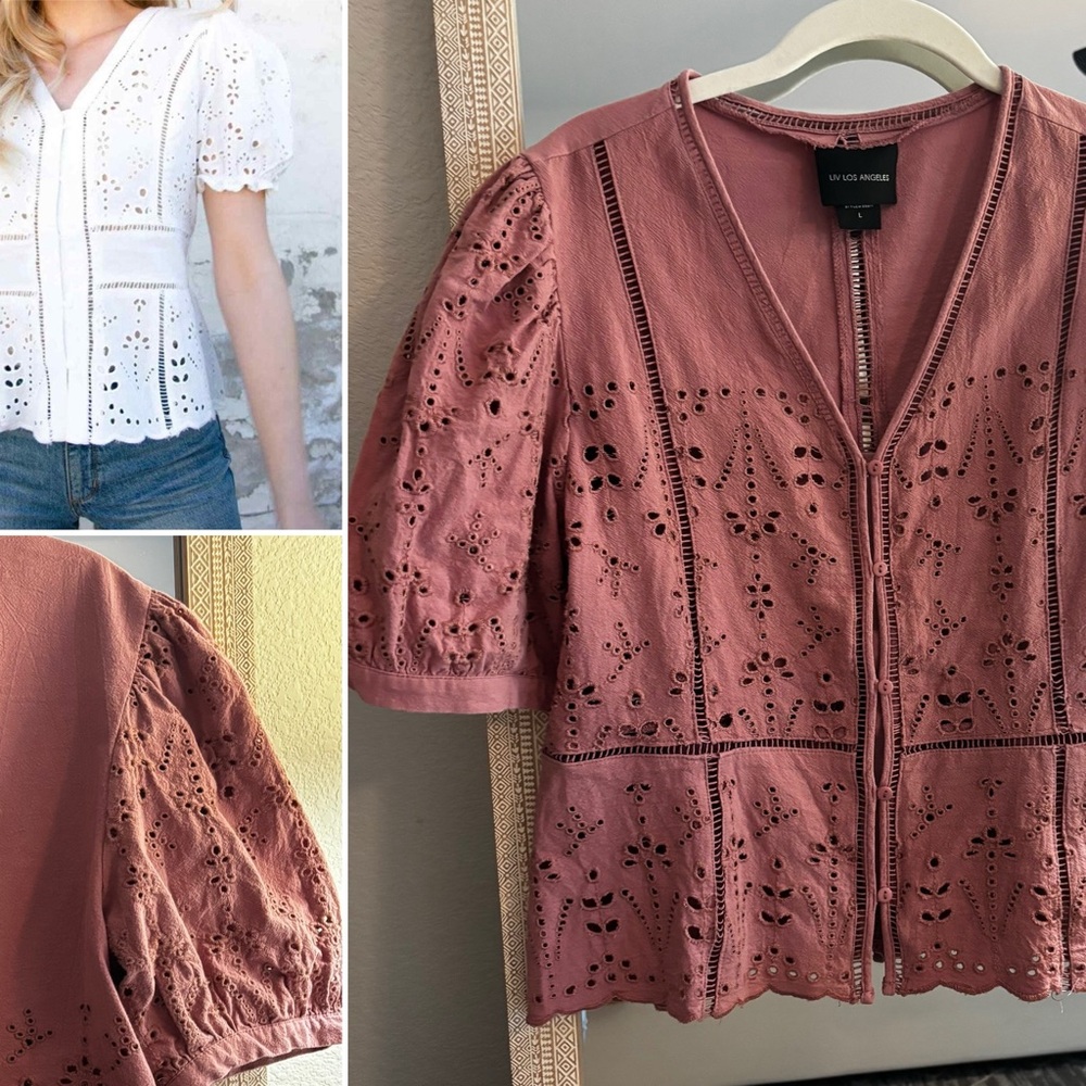 Liv Los Angeles Pink Eyelet Button Puff Sleeve Blouse L
